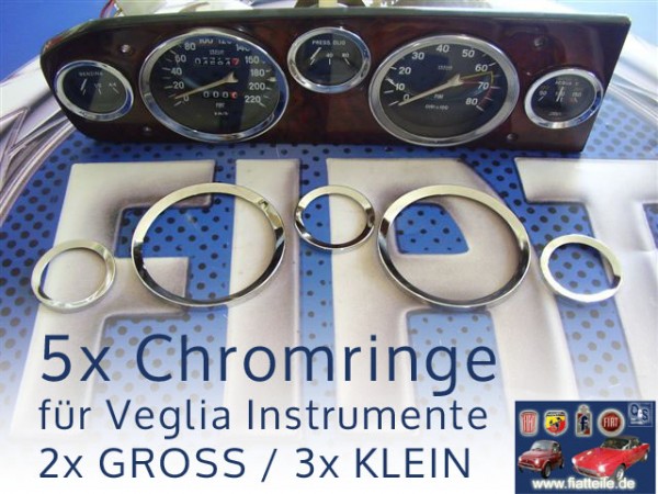 Chromringe Satz Fiat 124 Spider 2x groß & 3x klein für Veglia Instrument