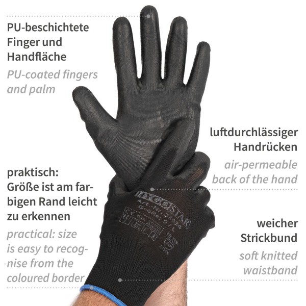 Handschuhe Feinstrickhandschuhe Black Ace / PU- Beschichtung Farbe schwarz Gr.11